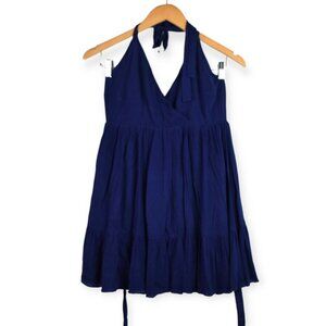 Showpo Dress 4 Womens Navy Blue Mini Tie Neck Back Ruffle Hem Sleeveless